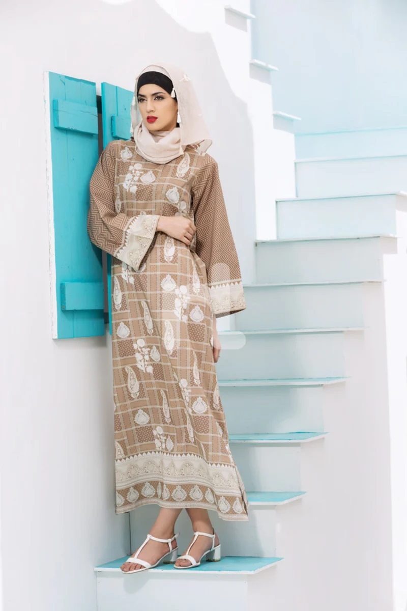 DE18-07 Brown Digital Printed Stitched Lawn Fustaan