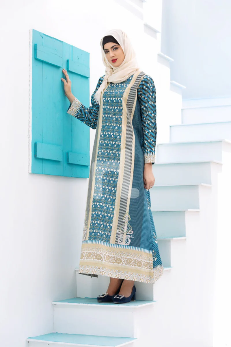 DE18-08 Blue Digital Printed Stitched Lawn Fustaan