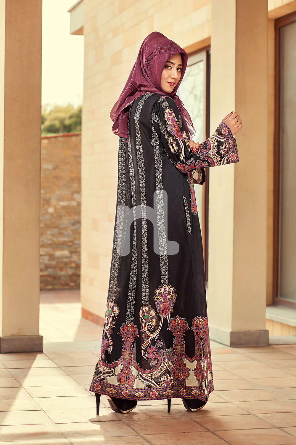 DE19-17 Black Printed Stitched Pima Cotton Fustaan - 1PC - Image 3