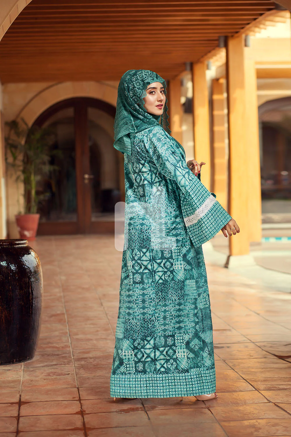 DE19-23 Blue Digital Printed Stitched Pima Cotton Fustaan - 1PC - Image 2