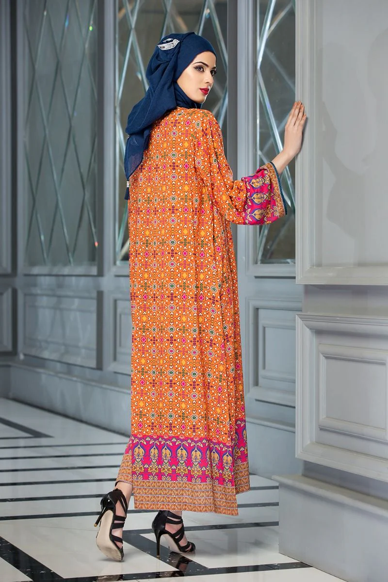 DS18-03 Elegant and Classic Orange Colored Printed Stitched Lawn Fustaan - Image 2