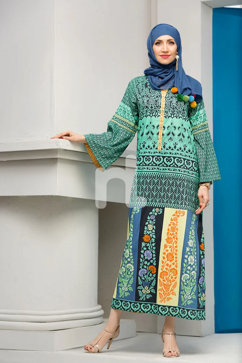 DS18-65 Green Digital Printed Stitched Fustaan - 1PC