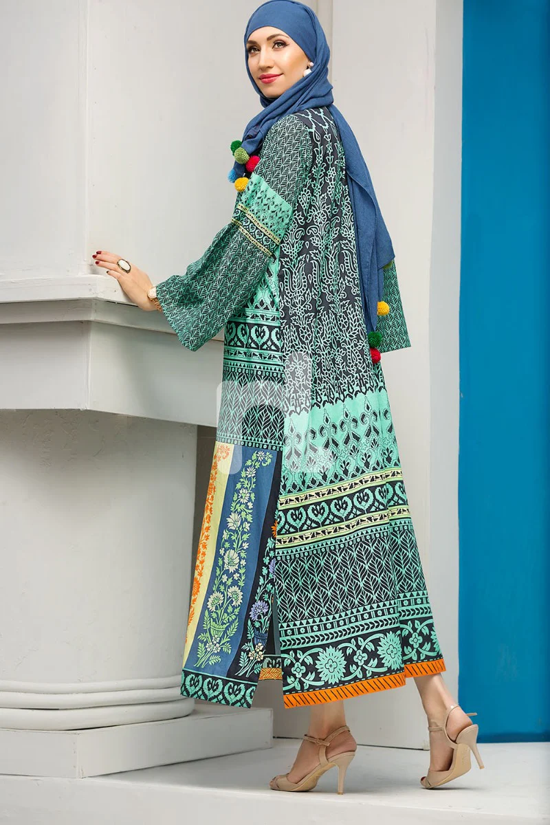 DS18-65 Green Digital Printed Stitched Fustaan - 1PC - Image 2
