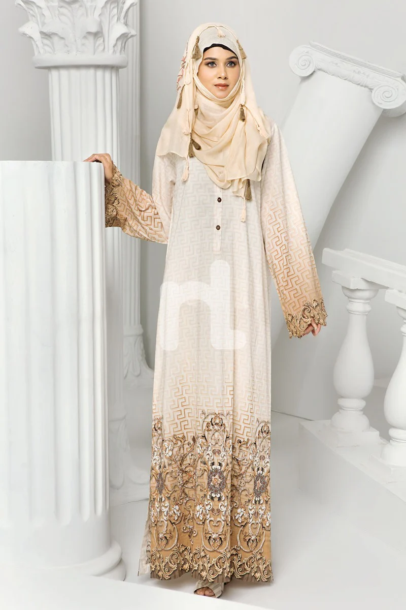 DS19-07 Beige Digital Printed Stitched Cambric Fustaan - 1PC