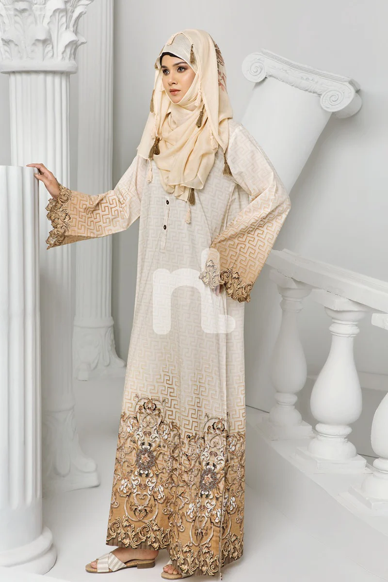 DS19-07 Beige Digital Printed Stitched Cambric Fustaan - 1PC - Image 3