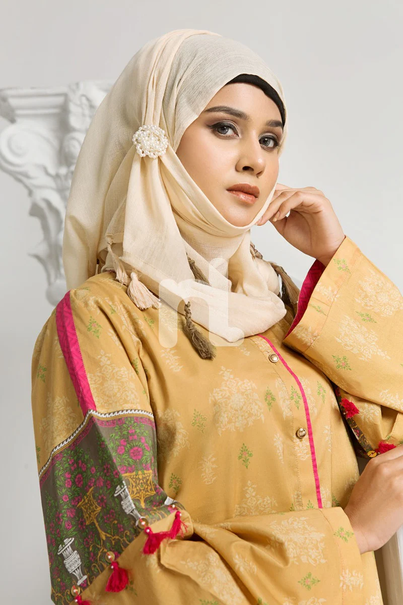 DS19-16 Yellow Digital Printed Stitched Cambric Fustaan - 1PC - Image 4