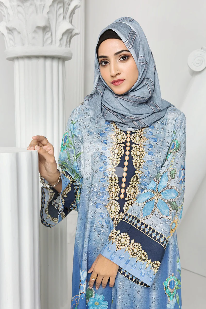 DS19-171 Blue Digital Printed Stitched Lawn Fustaan - 1PC - Image 2