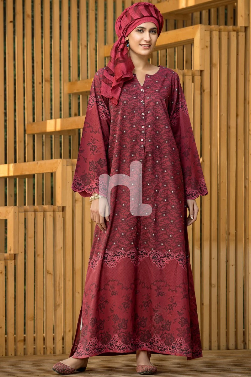DS19-31 Maroon Printed Stitched Lawn Fustaan - 1PC - Image 2