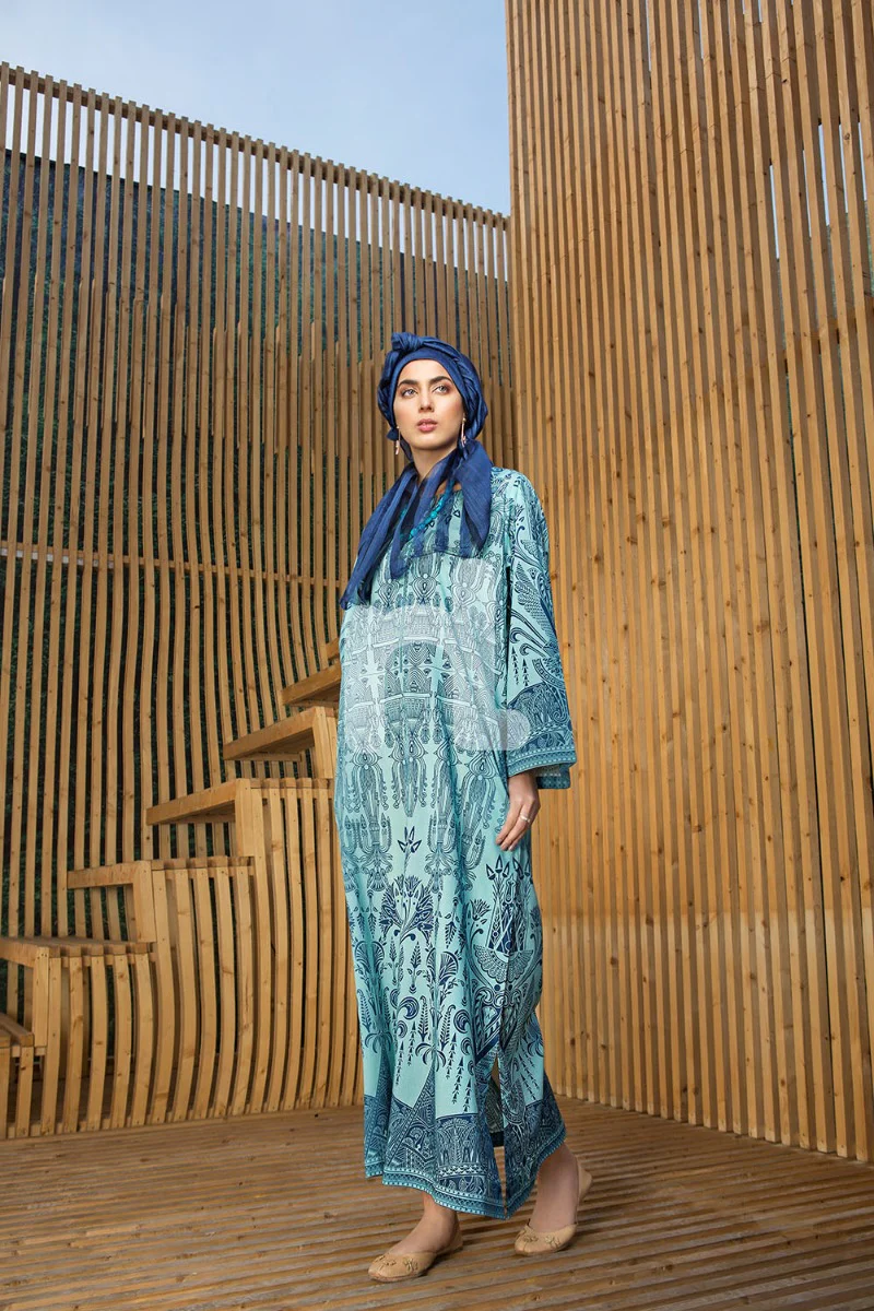 DS19-34 Blue Digital Printed Stitched Lawn Fustaan - 1PC - Image 2