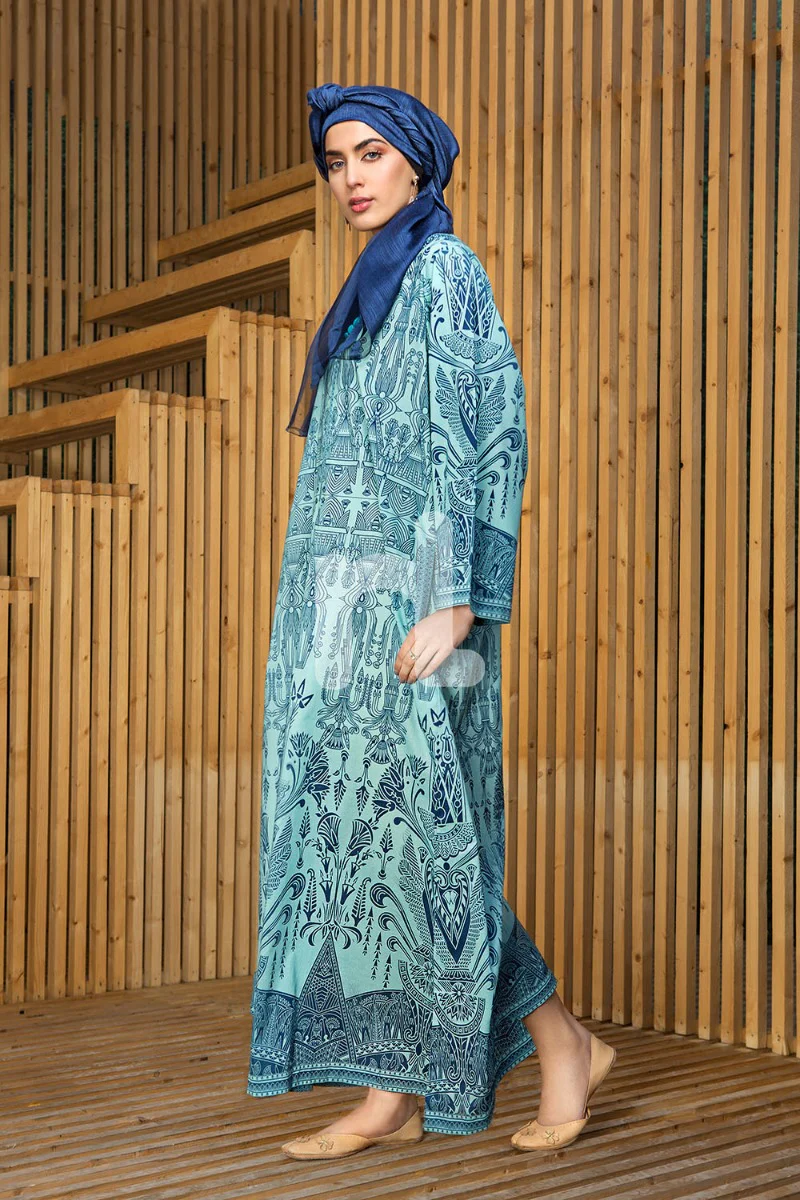 DS19-34 Blue Digital Printed Stitched Lawn Fustaan - 1PC - Image 3