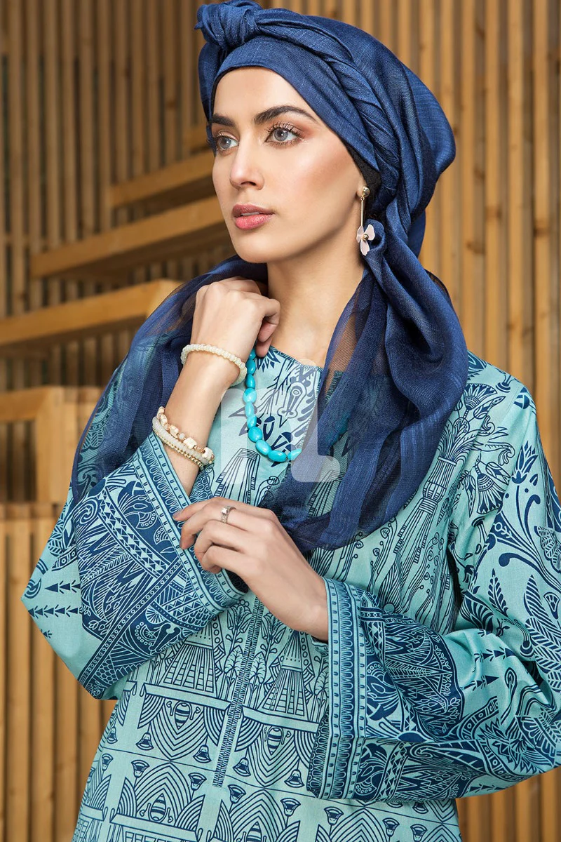 DS19-34 Blue Digital Printed Stitched Lawn Fustaan - 1PC - Image 4
