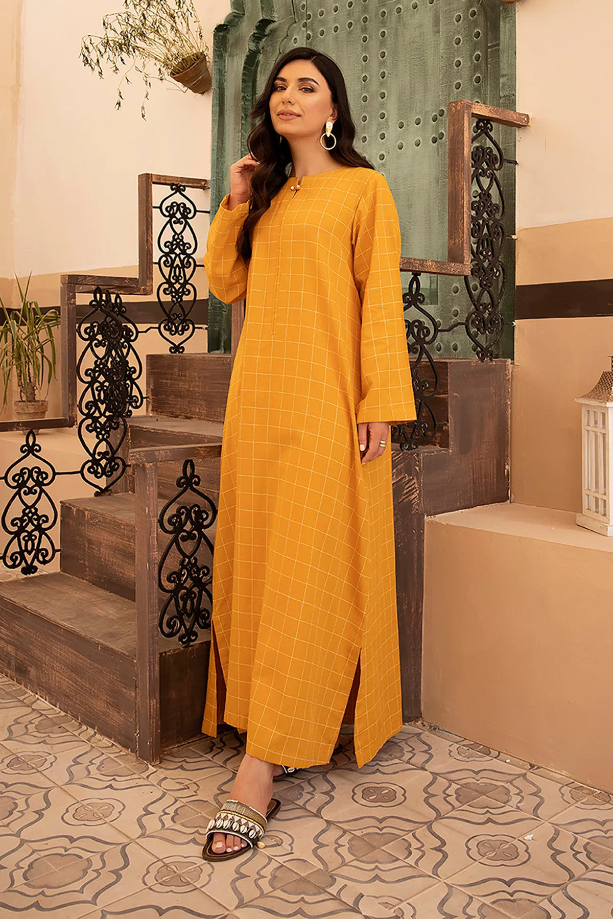 DS22-152-Band Neck Printed Fustaan 1PC