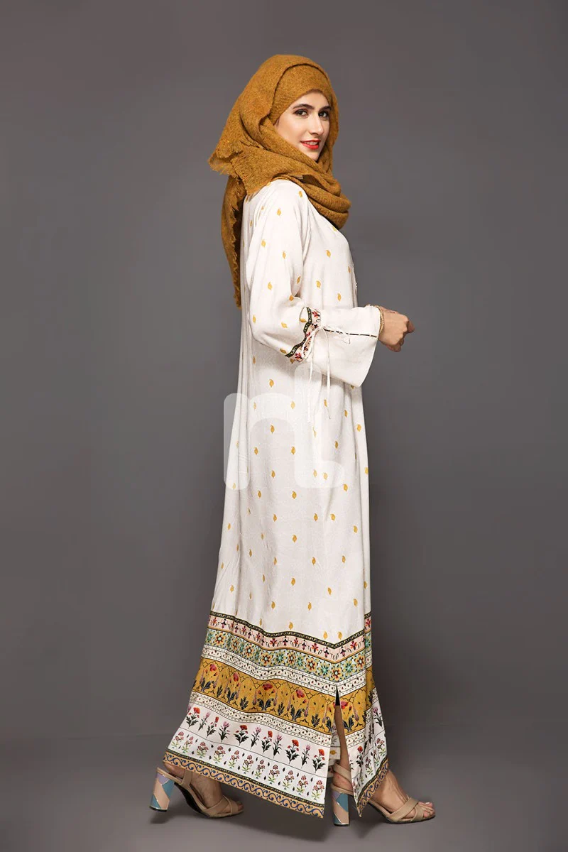 DW18-53 Beige Printed Stitched Cotton Modal Fustaan - 1PC - Image 2