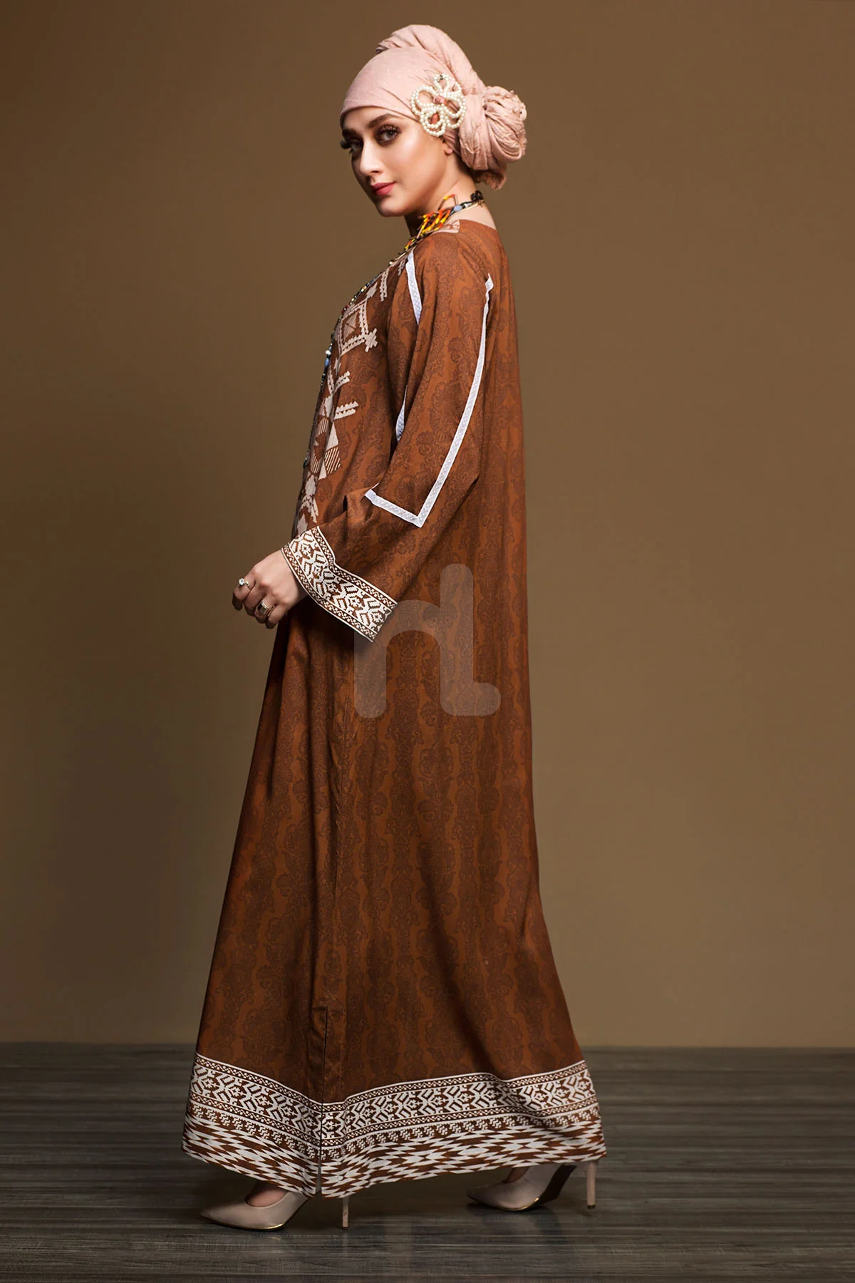 DW19-06 Brown Printed Stitched Fustaan - 1PC - Image 2