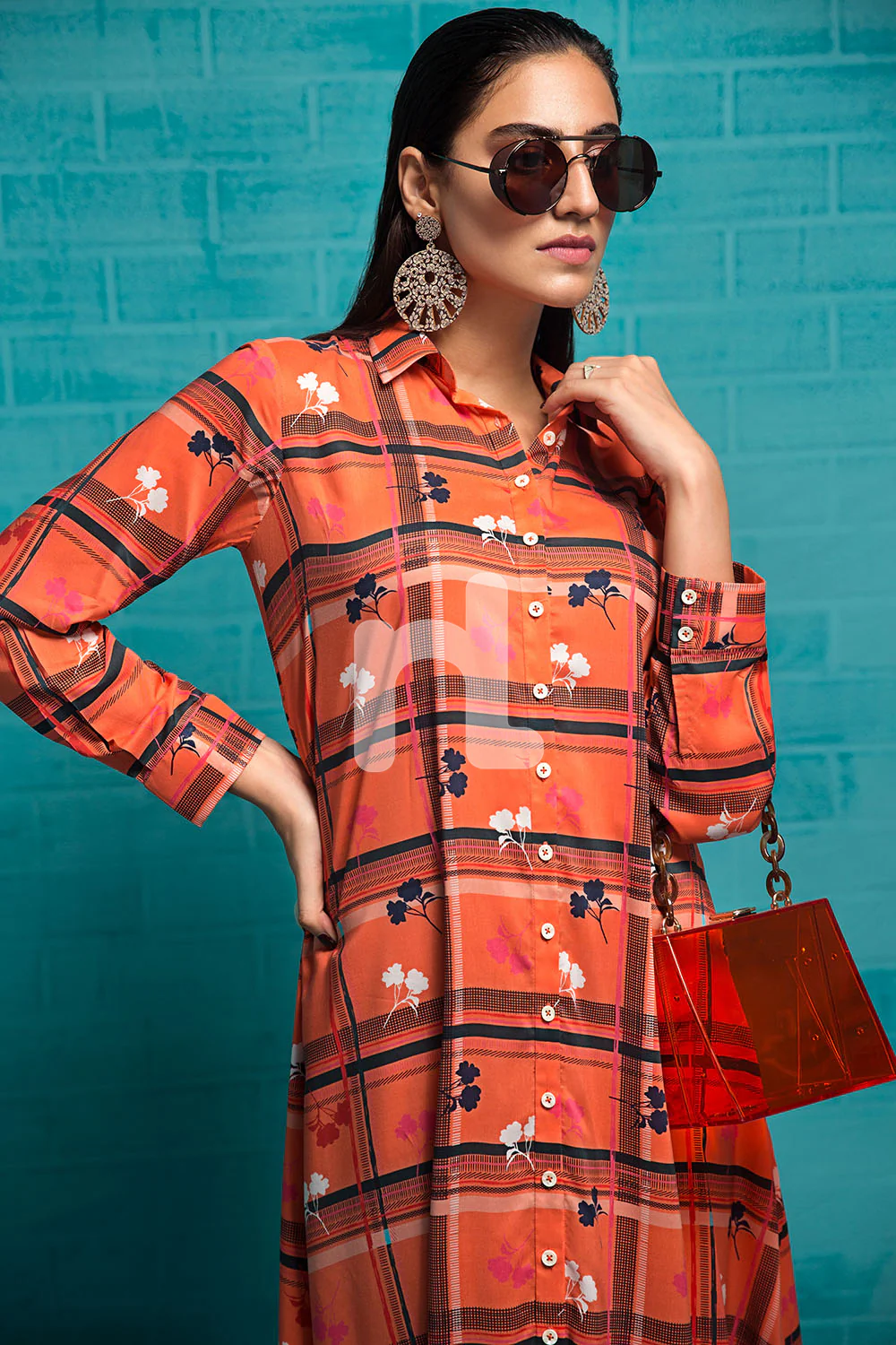 FS19-86 Orange Printed Stitched Long Fusion Dress - 1PC - Image 4
