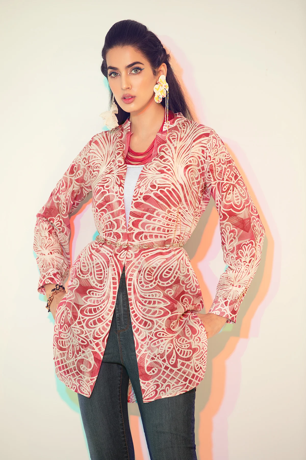 FS21-24-Abstract Printed Digital Modal Stitched Women Jacket With Mask-1PC - Image 5