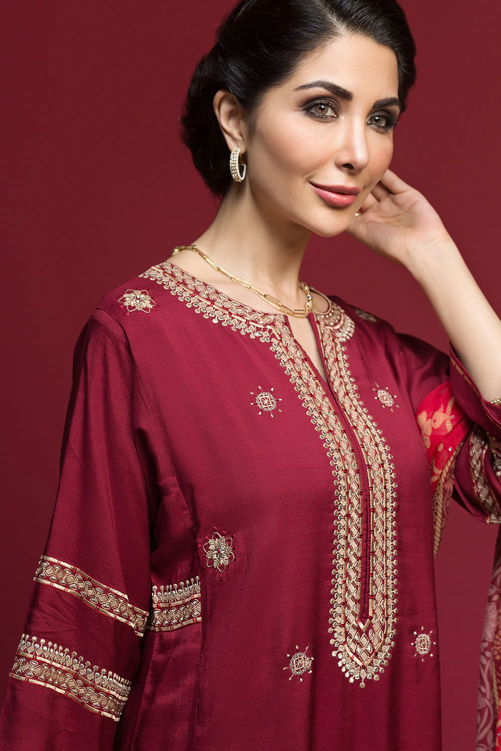 KF-484 Maroon Embroidered Formal Katan Silk Shirt with Printed Chiffon Dupatta - Image 3