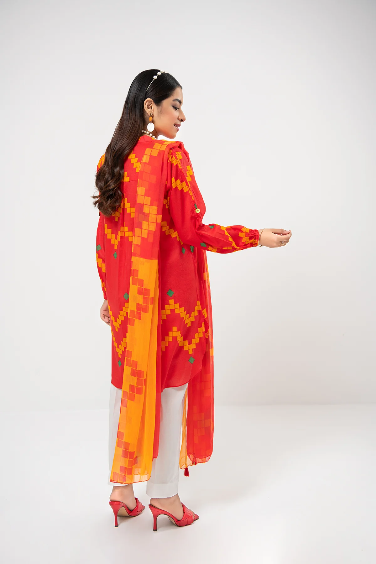 PDE21-15-Straight Shirt with Frill Baned, Pleated Sleeves & Chiffon Duaptta-2PC - Image 3