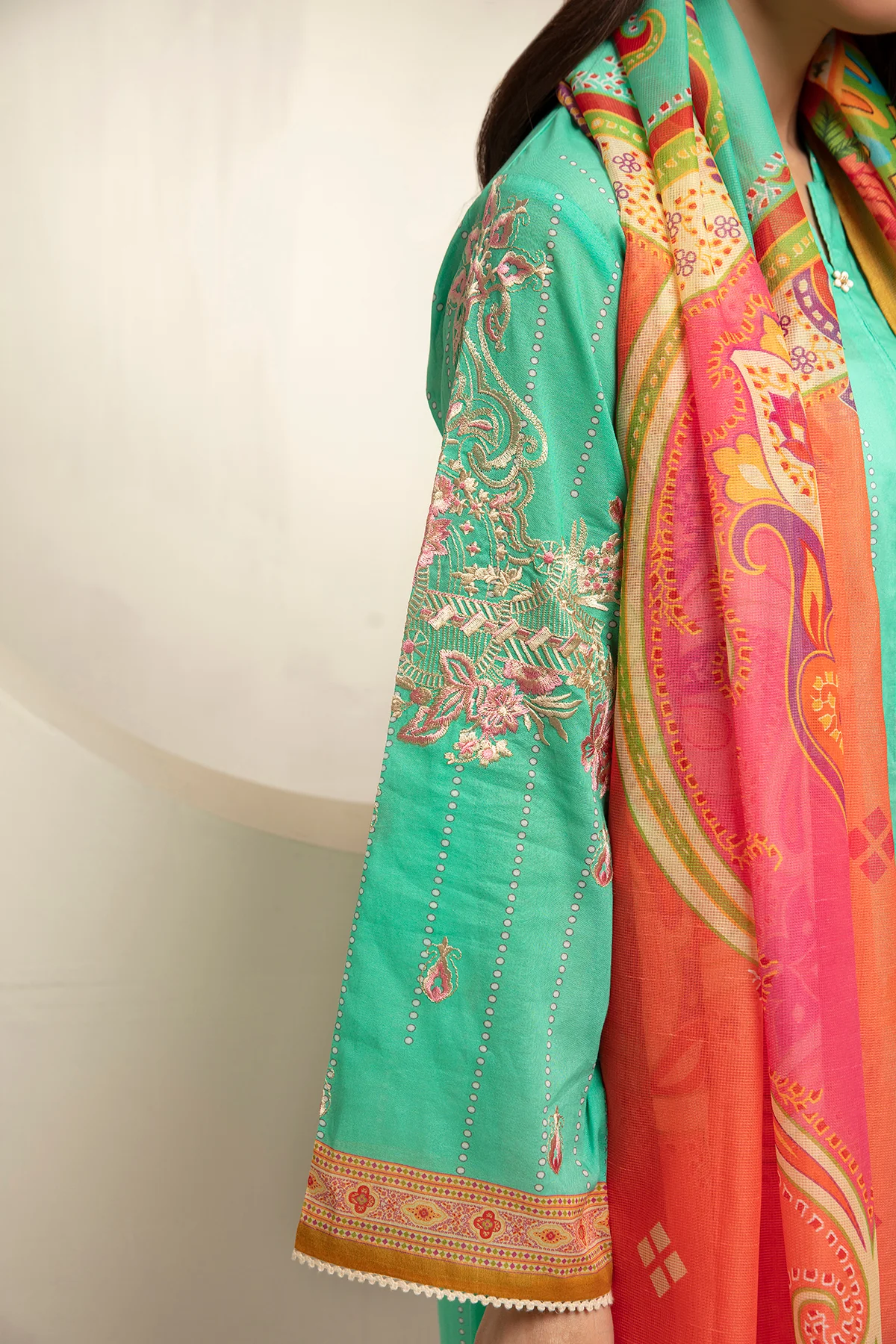 PDS21-22- Straight Classic Shirt with Button & Lace Detailing, Trouser & Dupatta with Mask - 3PC - Image 3
