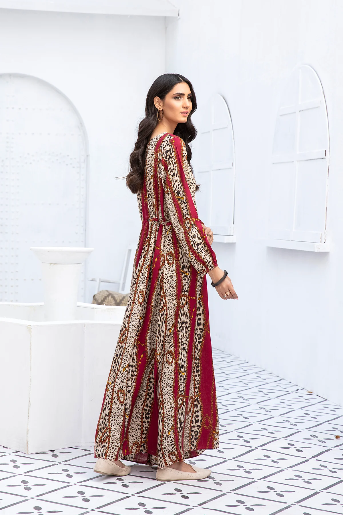 PDW20-50 Printed Stitched Linen Long Dress - 1PC - Image 2