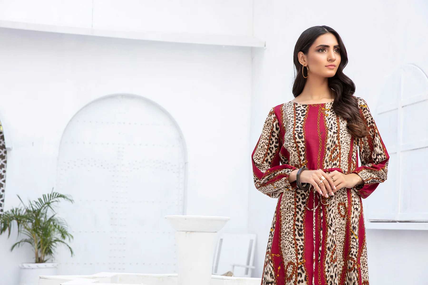 PDW20-50 Printed Stitched Linen Long Dress - 1PC - Image 4