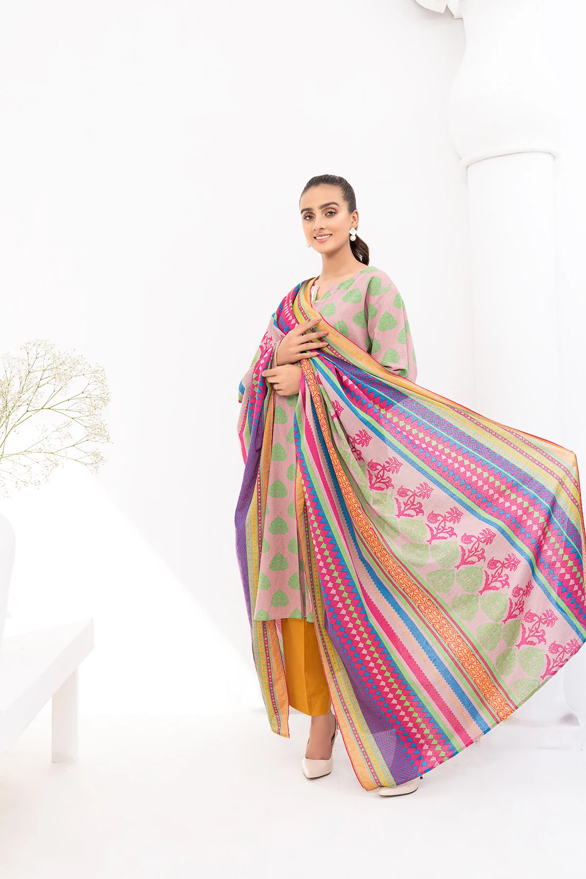 PDW20-52 Printed Stitched Linen Long Dress - 2PC - Image 3