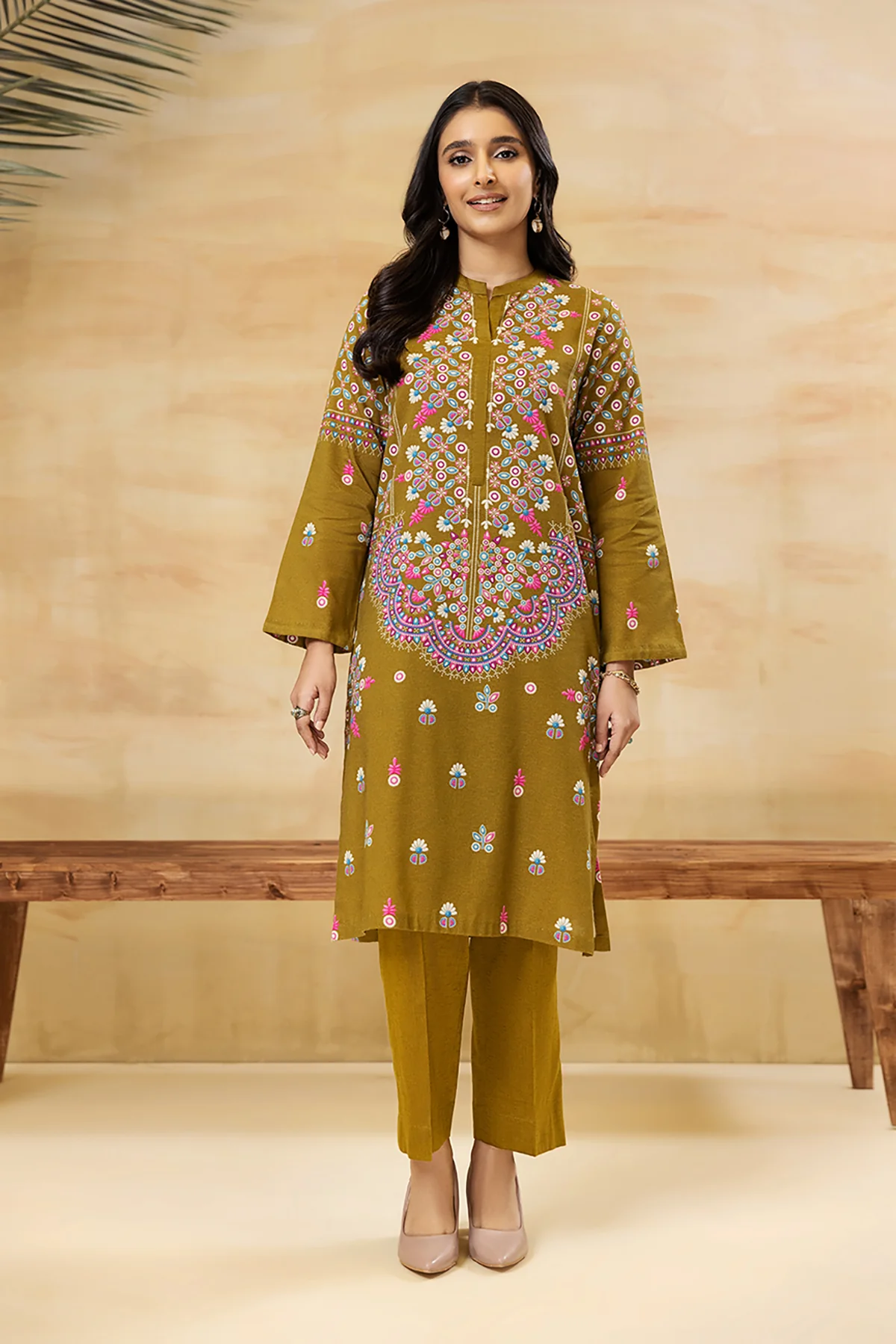 PDW22-14-Band Neck Printed Shirt with Trousers 2PC