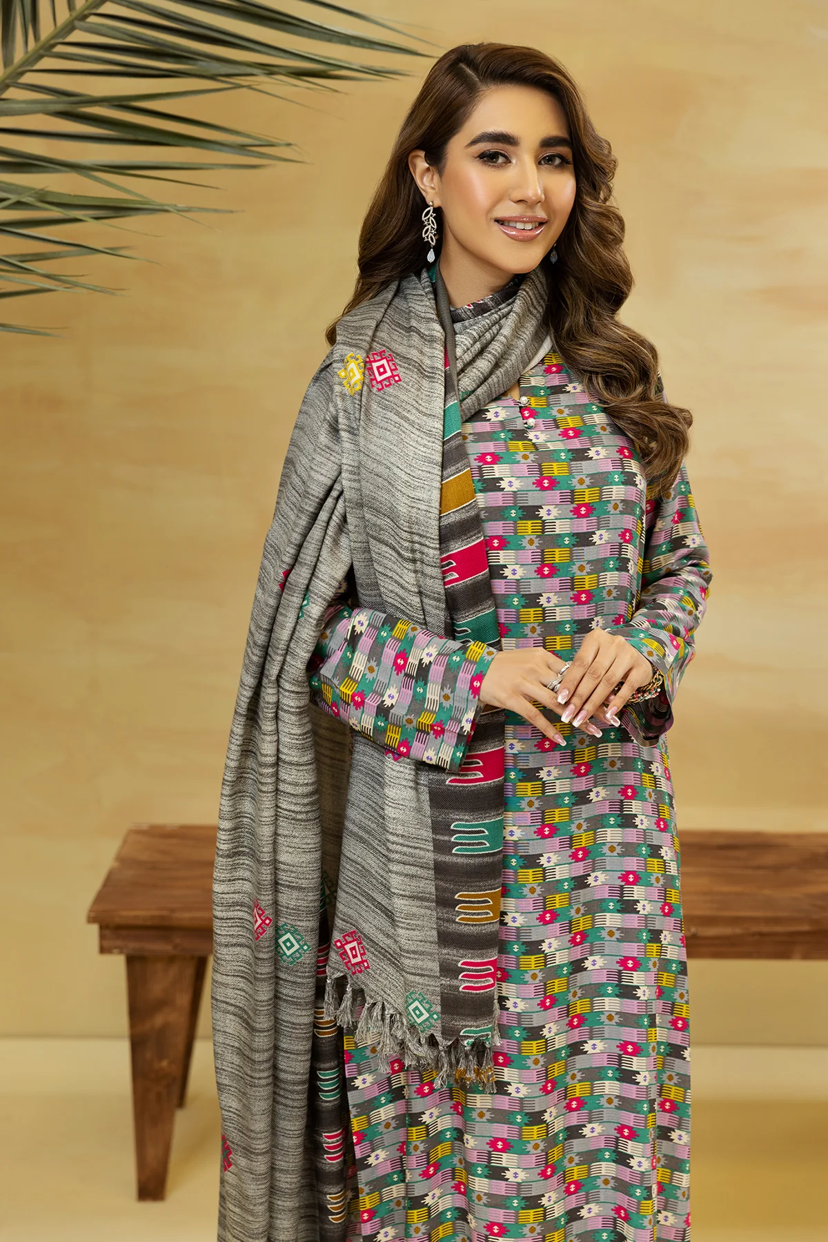 PDW22-31-Printed Straight Shirt, Shawl & Trousers 3PC - Image 3
