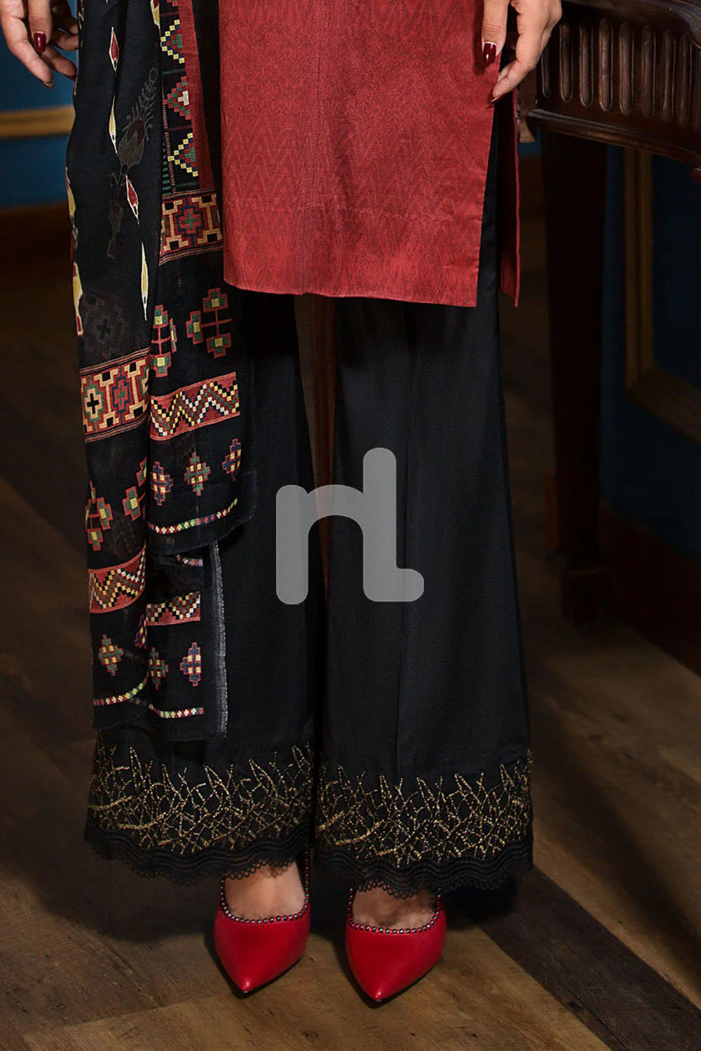 PE19-34 Black Dyed Embroidered Stitched Boot Cut Trouser