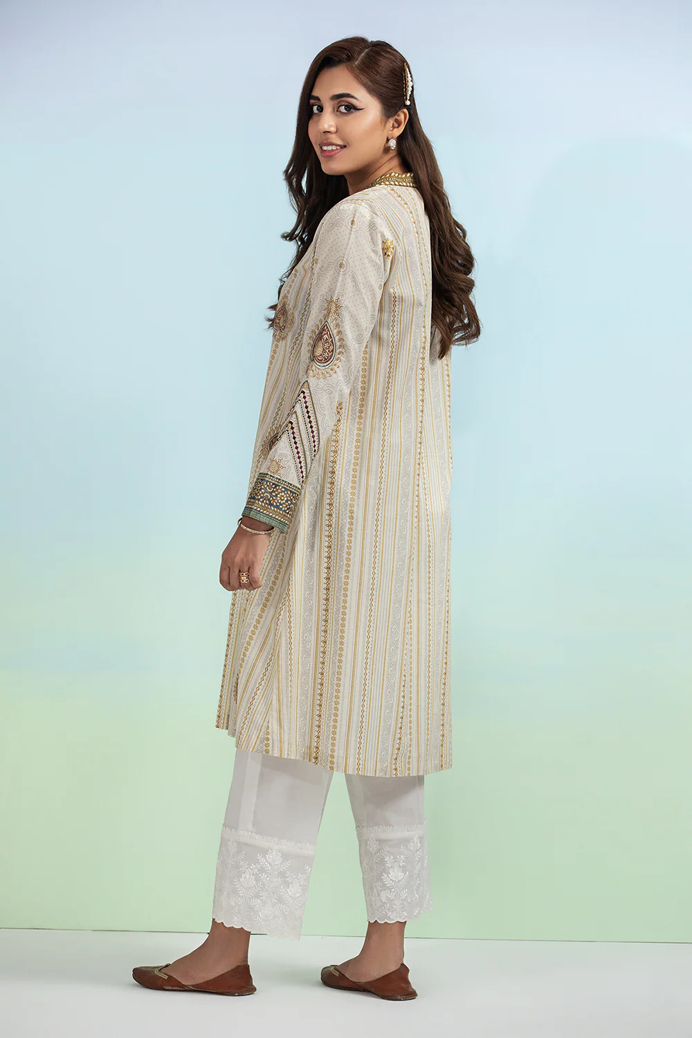 PE20-73-Long Embroidered Printed Straight Stitched Shirt -1PC - Image 2