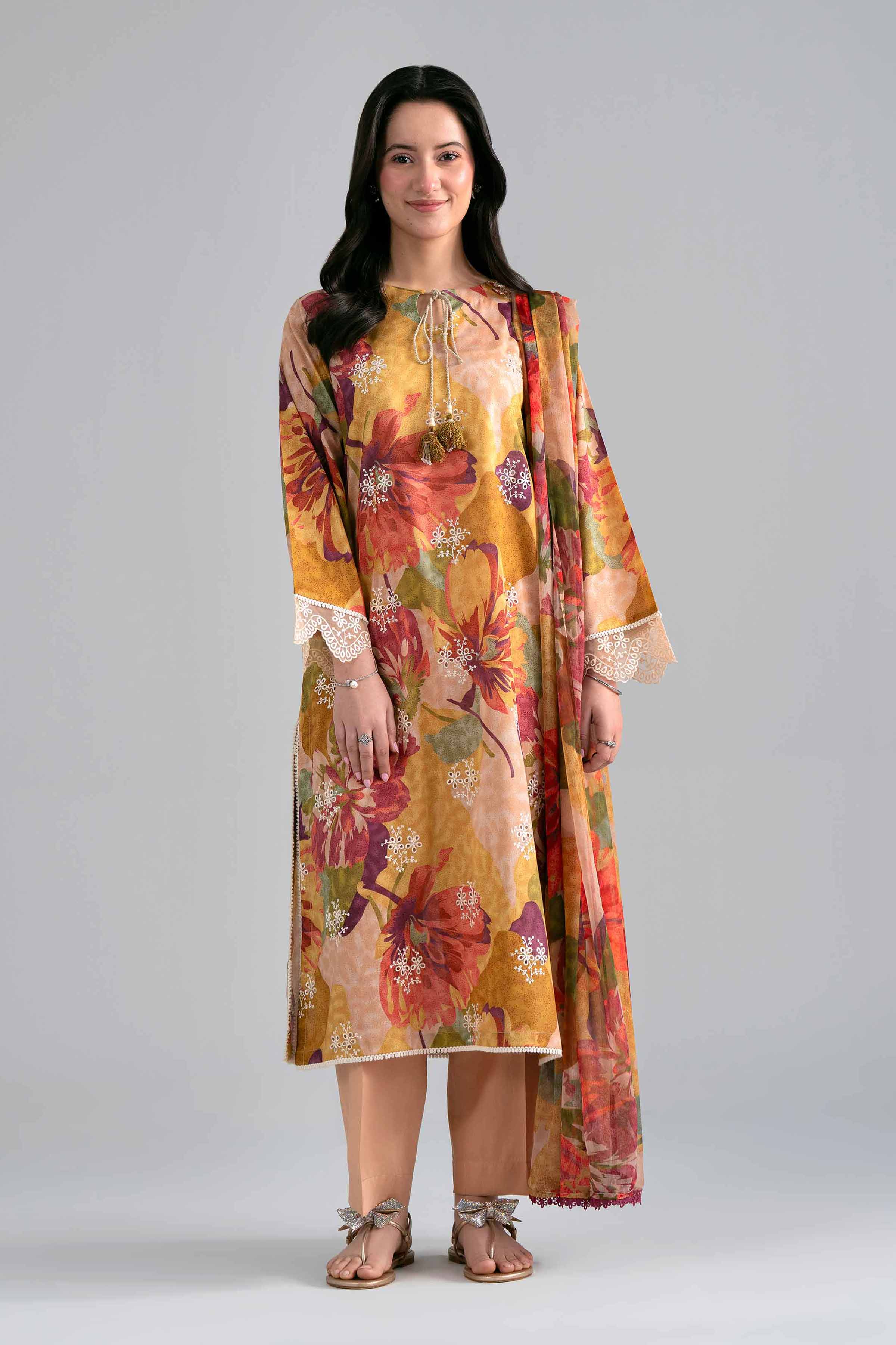 3 Piece - Printed Embroidered Suit - PE26-498 - Image 3