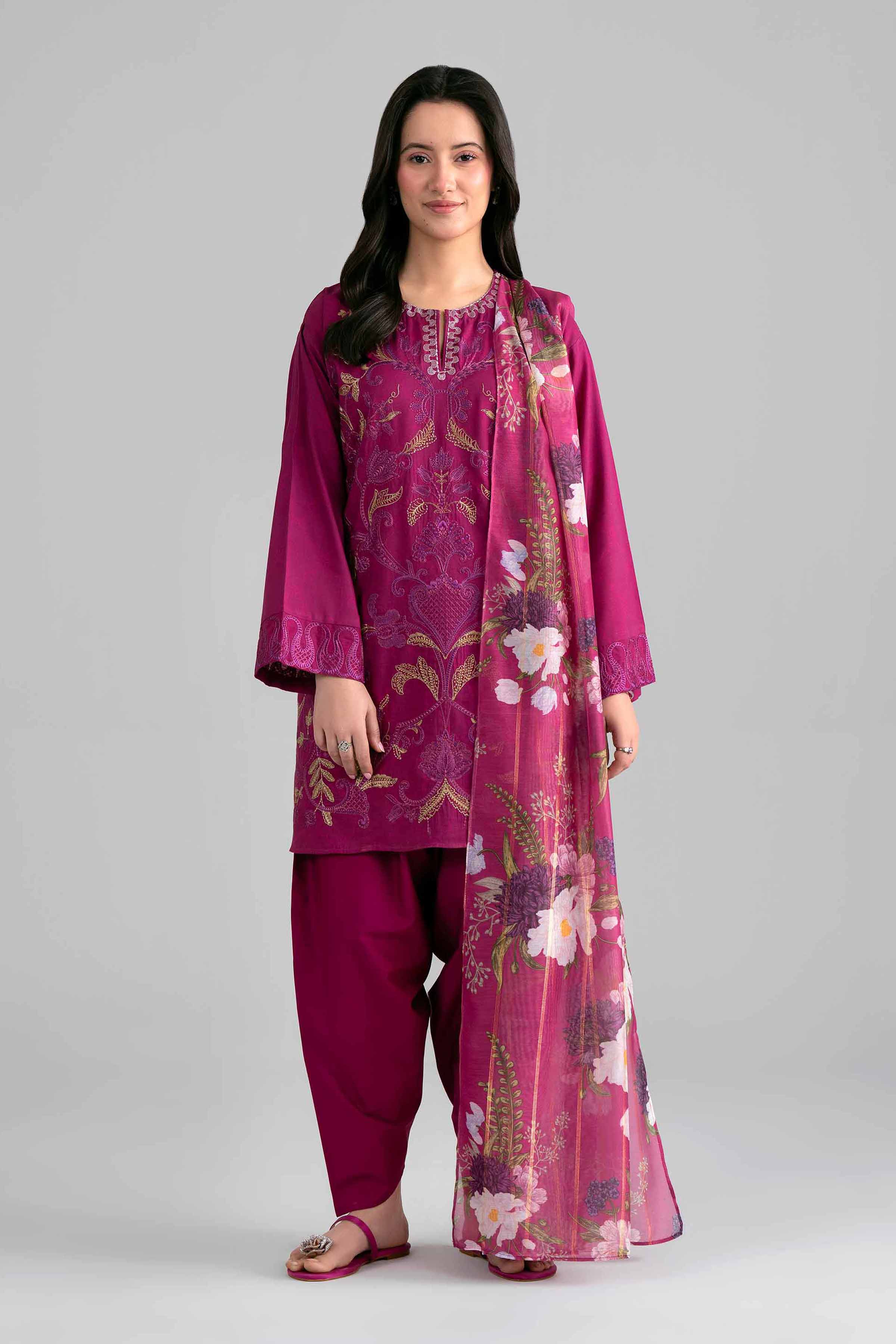 3 Piece - Printed Embroidered Suit - PE26-526 - Image 3