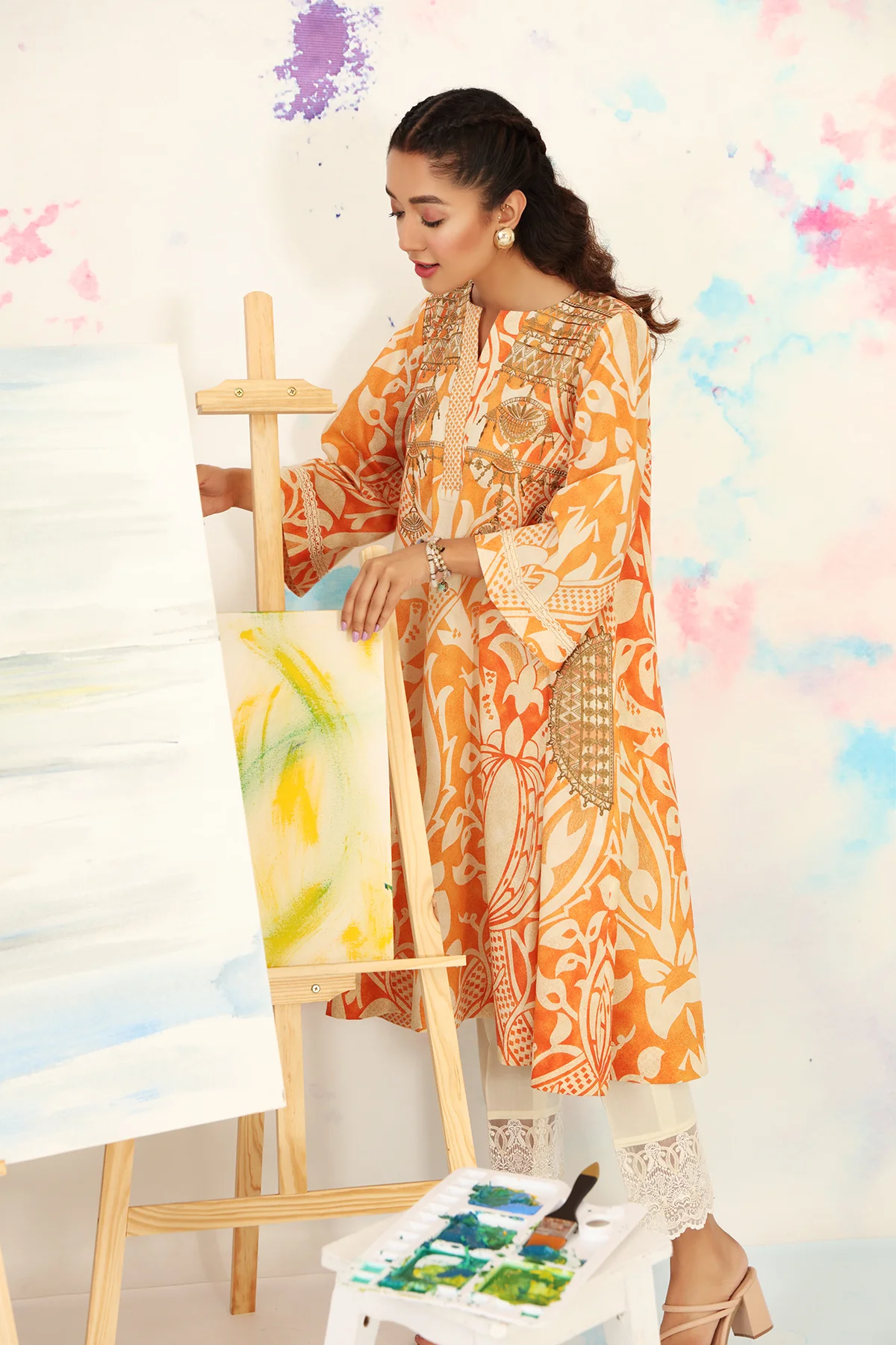 PS21-73-Printed Embroidered Flayered Gown - Image 3